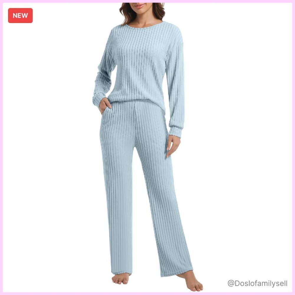 Ribbed Fleece Lounge Set Long Sleeve Matching Pajamas with Pockets Cozy